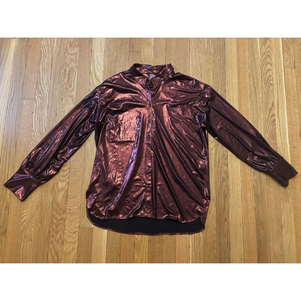 By Anthropologie Shine Button Down Shirt Burgundy Metallic Long Sleeve M NWT - Picture 2 of 7